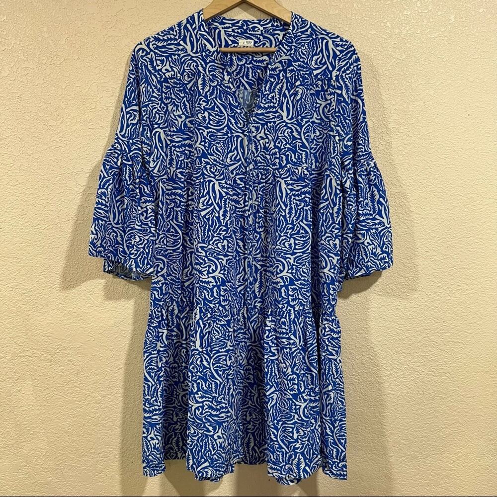 Warm Blue White Floral Garden Tunic Dress